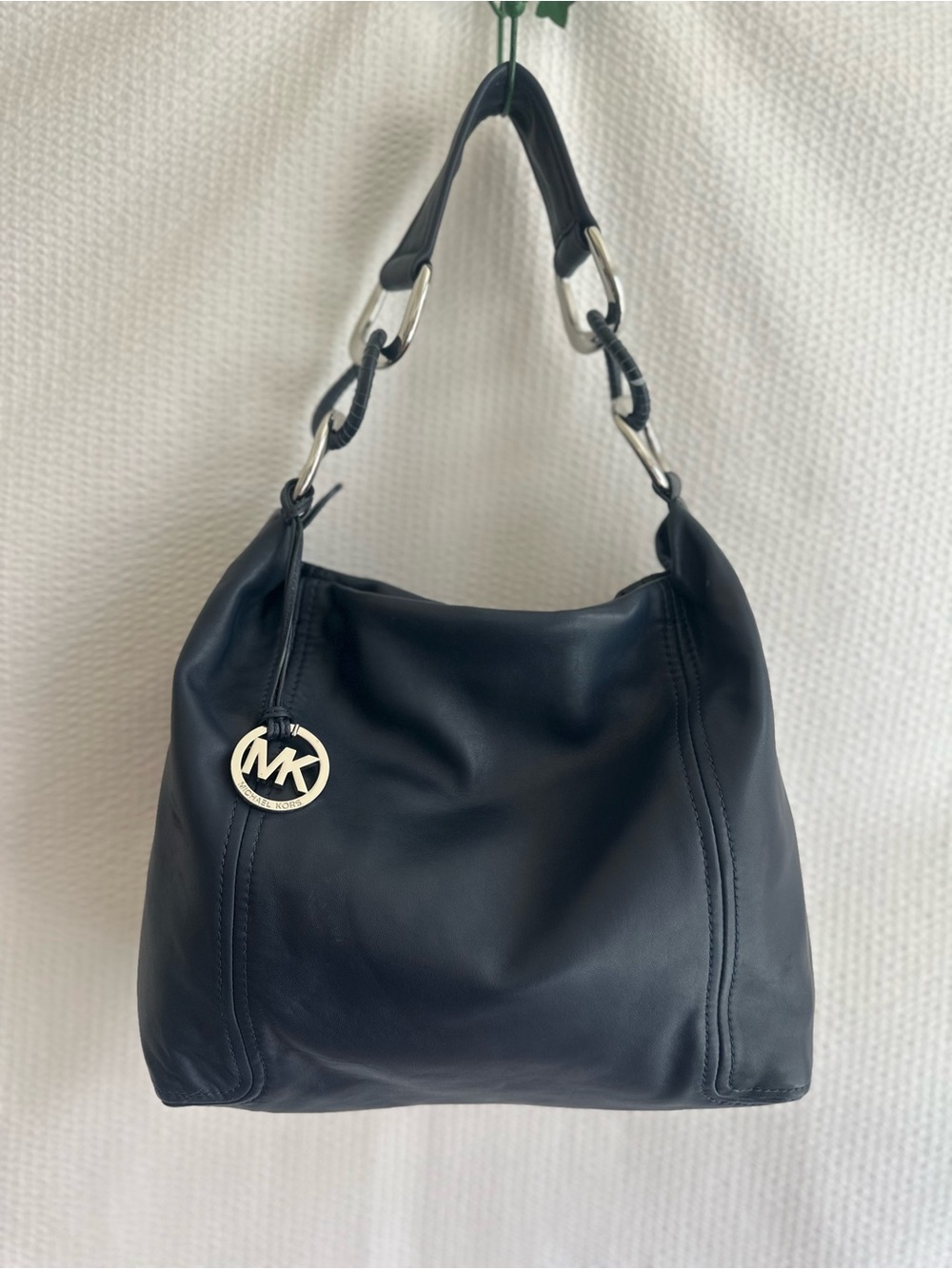 Michael Kors Navy Blue Soft Leather Slouchy Hobo Shoulder Bag Silver Ring Y2K